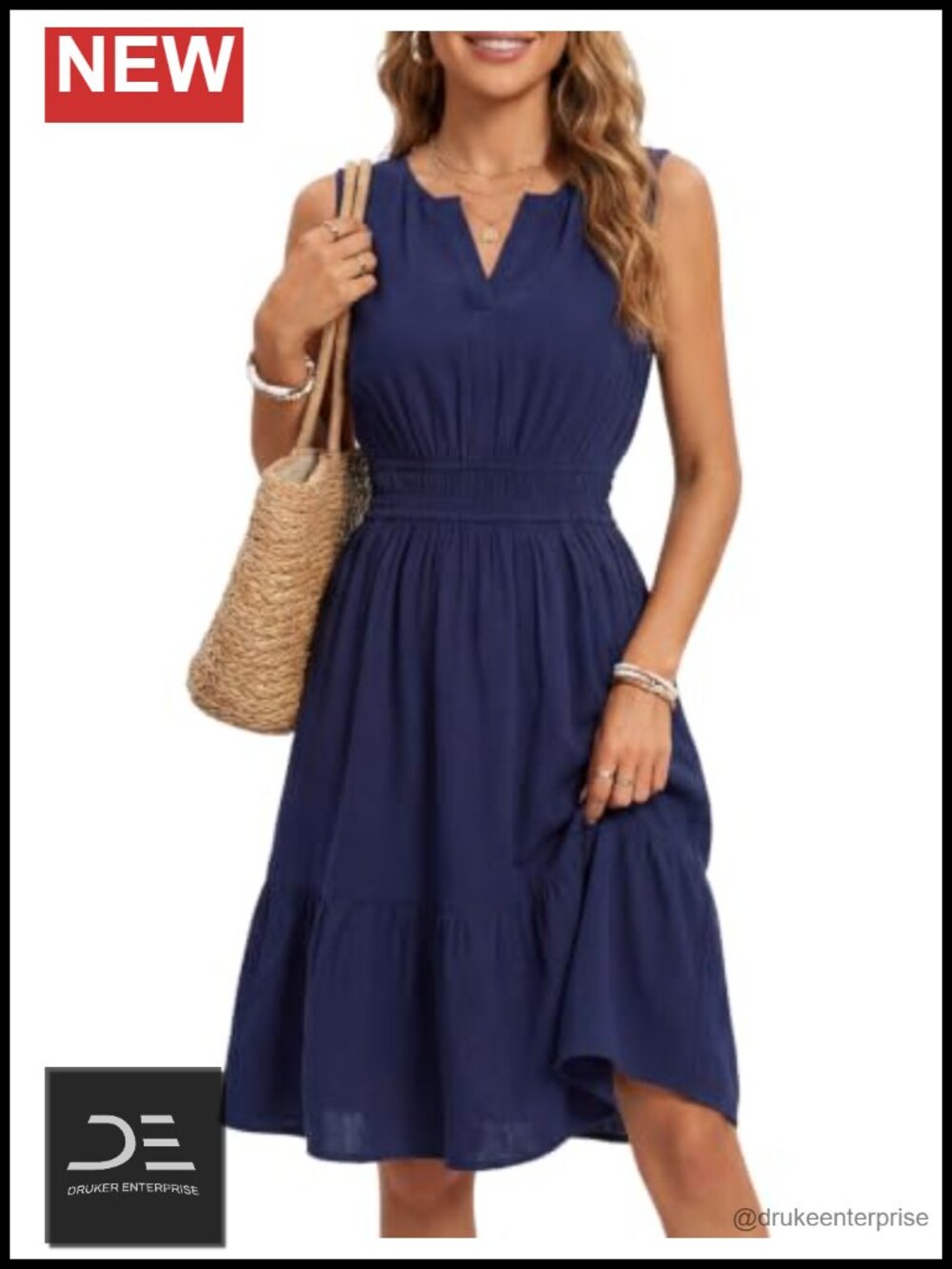 Women's Linen Viscose V-Neck Sleeveless Knee-Length A-Line Summer Dress